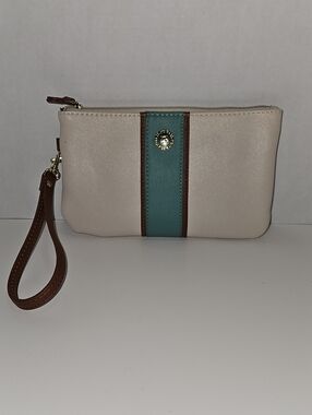 Stone & Co. Cream and Teal Accent Wristlet Clutch with Brown Trim